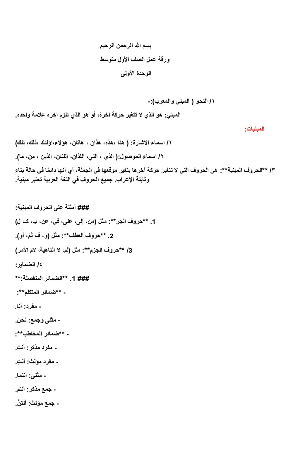 دروس القواعد والاملاء الوحدة الأولى